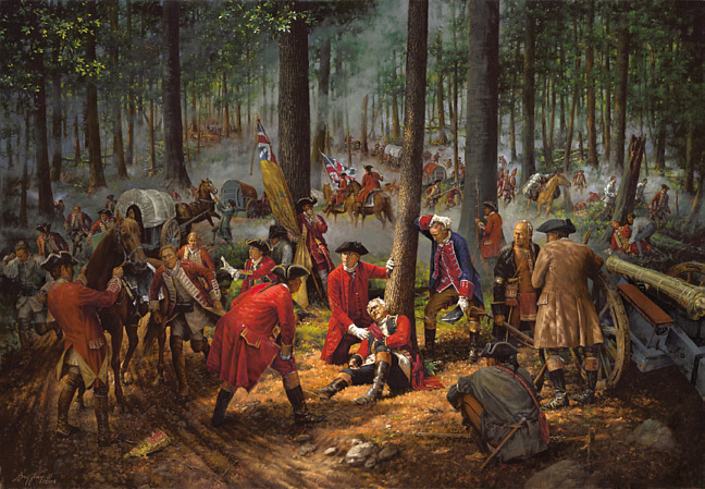 Wojny Anglo-francuskie w Ameryce Półn  z udziałem Indian z Półn-Wsch - Wounding_of_General_Braddock.jpg