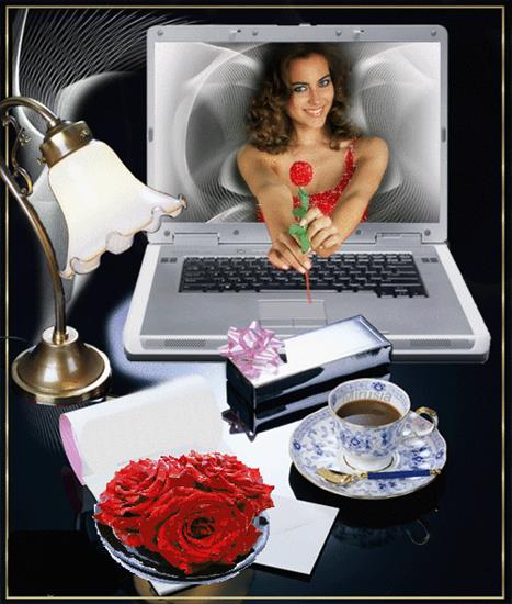 Filiżanka kawy - Kobieta z różą i filiżanka kawy.gif